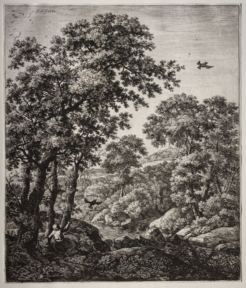 Elijah Fed by the Ravens, oil painting by Antonie Waterloo depicting a solitary figure and ravens