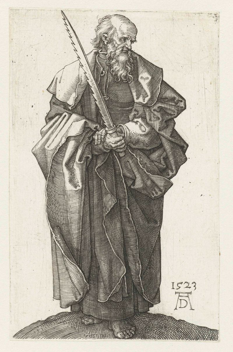 Grabado de Albrecht Dürer que representa al apóstol Simón con luz y sombra.