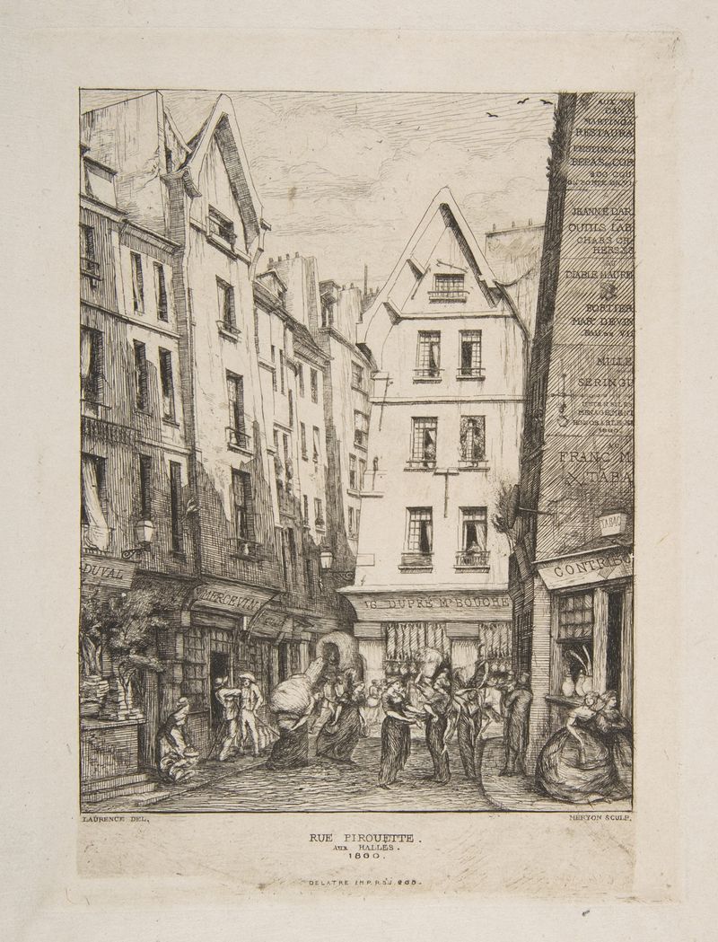 Etching by Charles Meryon depicting Parisian architecture and cobblestones.