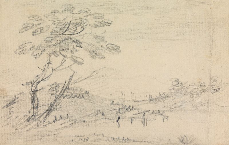 Landscape de William Gilpin, pintura a óleo que retrata montanhas, folhagem e um céu sereno.
