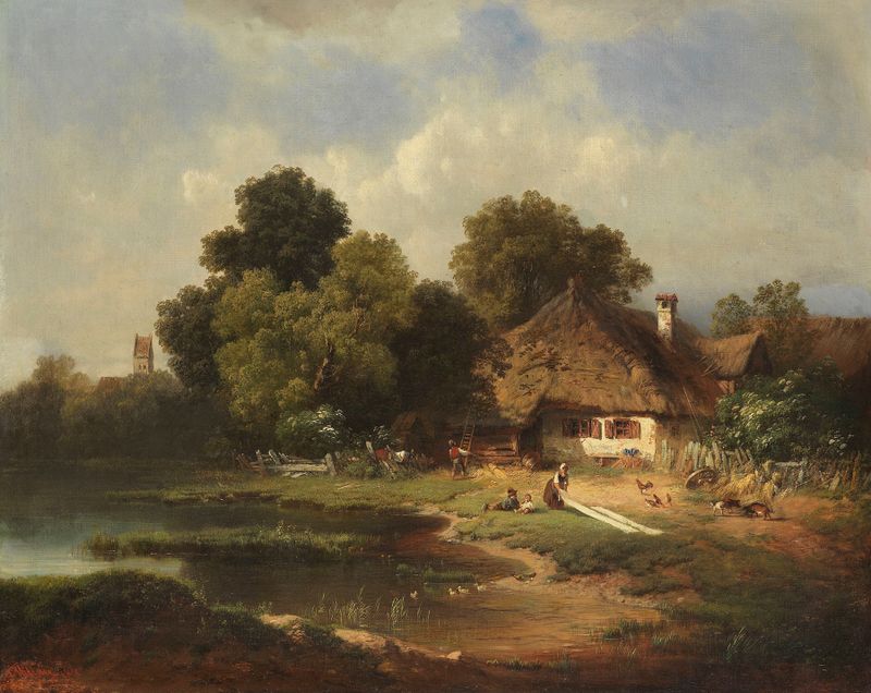 Landschaft mit Bauernhof de Carl Millner, pintura al óleo que representa un paisaje rural con una granja.