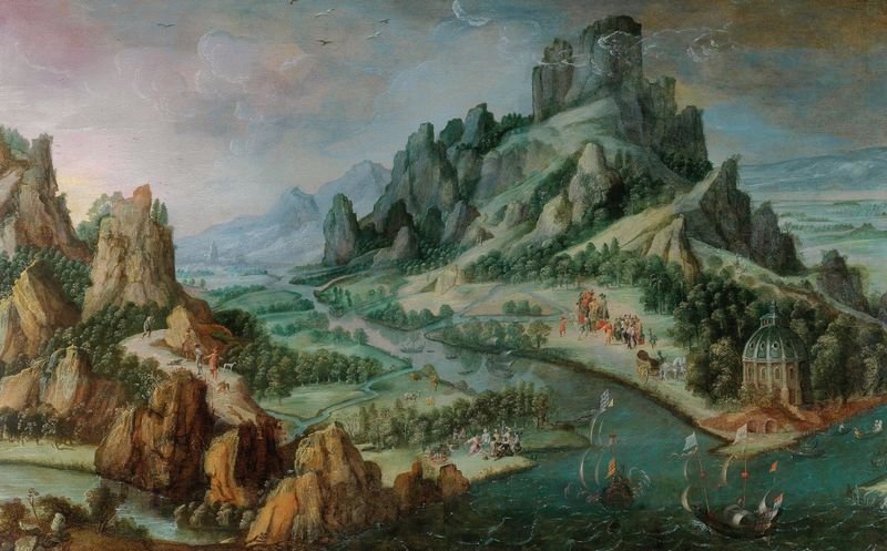 Uma paisagem rochosa com figuras, óleo sobre painel de Netherlandish School