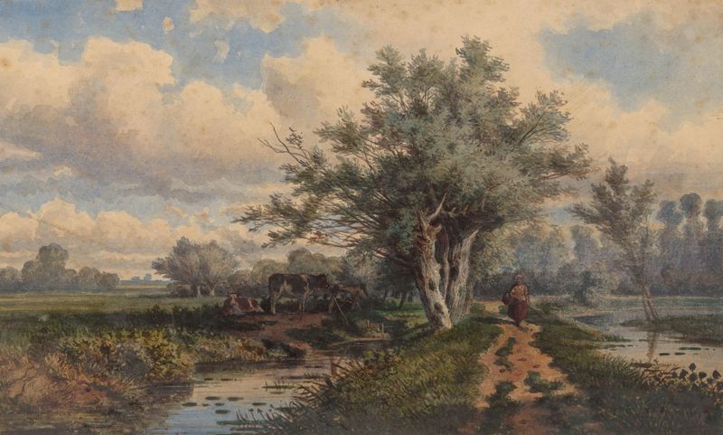 Landschap met koeien en water de Dirk Van Lokhorst, pintura a óleo com vacas perto de um curso d'água tranquilo.
