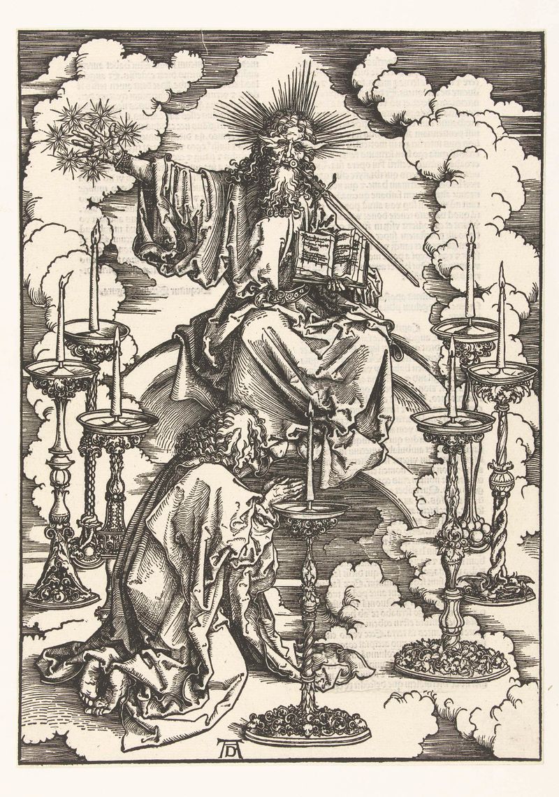 Gravura de Albrecht Dürer mostrando Johannes ajoelhado diante de Cristo com candelabros.