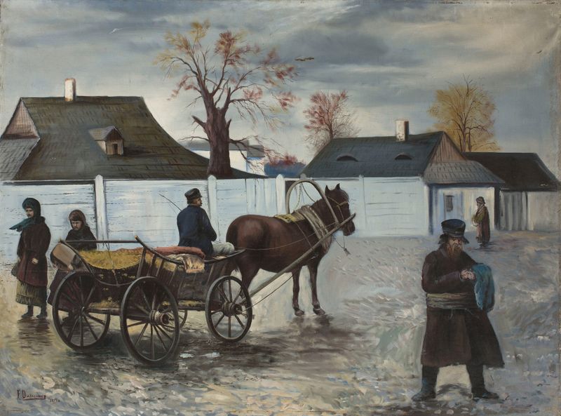 Escena de género que muestra un carro de madera en un patio de Franciszek Durakiewicz, pintura al óleo