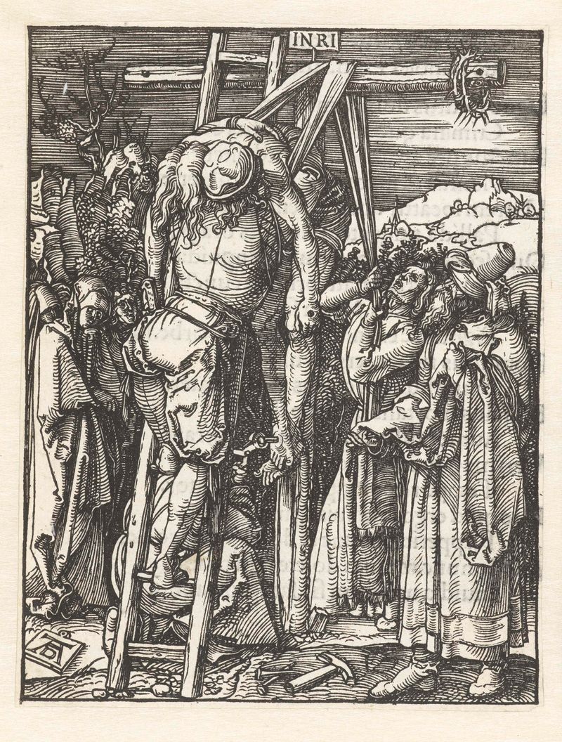Kruisafneming de Albrecht Dürer, xilografía que representa el cuerpo sin vida de Cristo en una escena religiosa