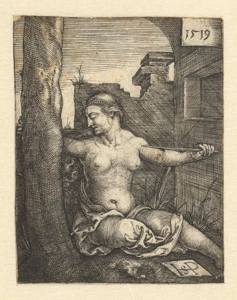 Grabado de Hans Sebald Beham que representa a Lucretia rodeada de figuras sombrías.