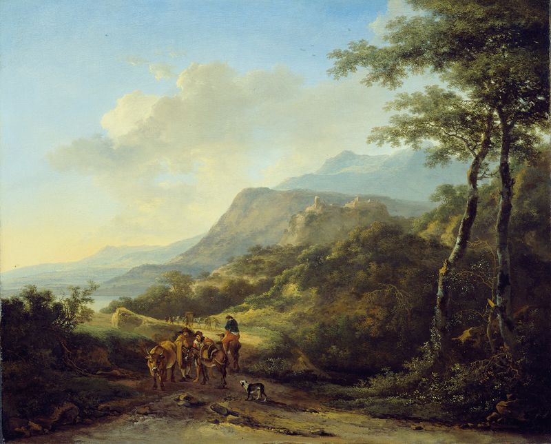 Italian Landscape with Travelers de Jan Both, pintura a óleo que retrata viajantes em um caminho.