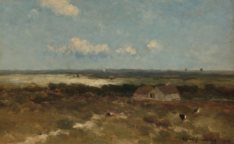 Dune landscape de Johan Hendrik Weissenbruch, retratando dunas de areia sob luz quente.