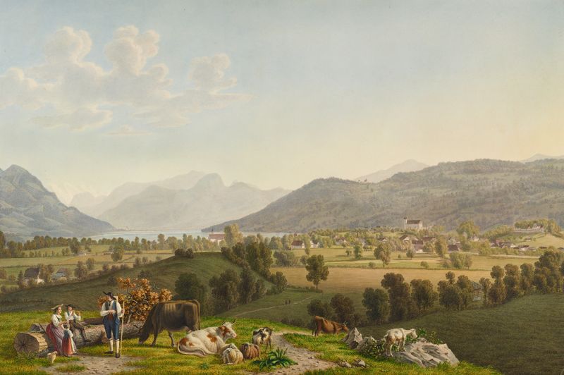 Vue de Sarnen, óleo sobre lienzo de Johann Jakob Biedermann, que representa un lago sereno y montañas bajo un cielo nublado.