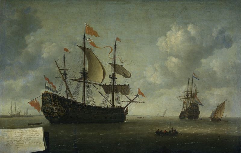 The Arrival of the Royal Charles, oil on canvas by Jeronymus van Diest II, depicting a ship in stormy waters.