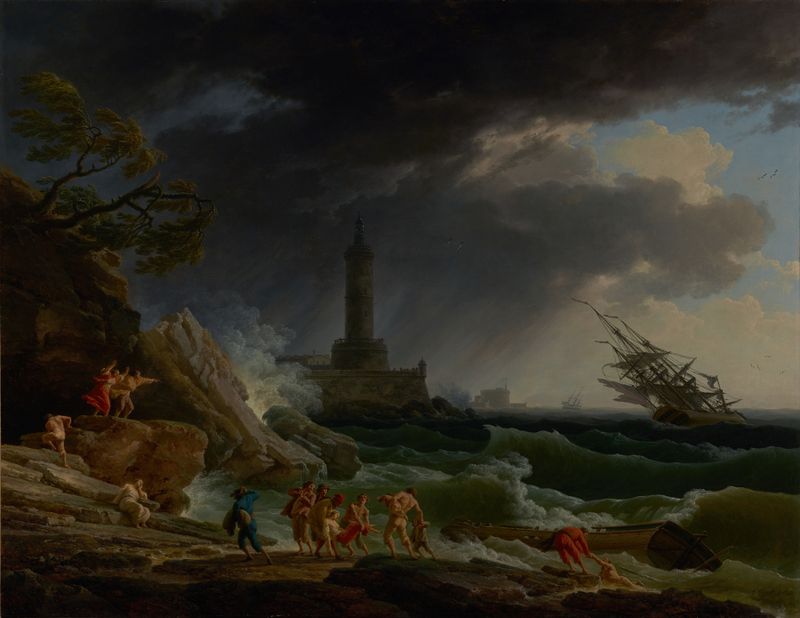 A Storm on a Mediterranean Coast, pintura al óleo de Claude-Joseph Vernet, que representa olas y cielos oscuros.