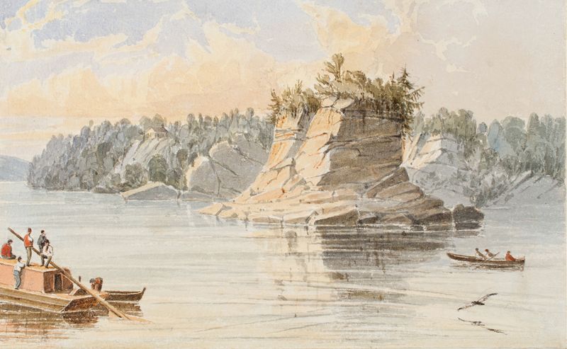 Landscape featuring a towering rock formation, oil painting by Seth Eastman