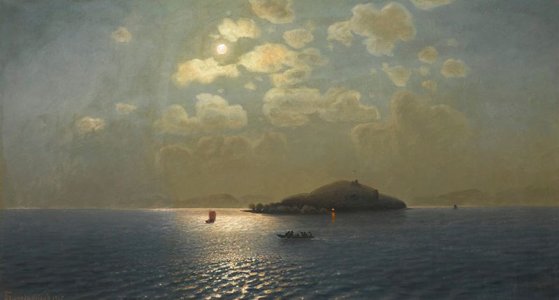 Lake Sevan In Moonlight by Georgy Zakharovich Bashinzhagyan, oil painting of a tranquil lake at night.