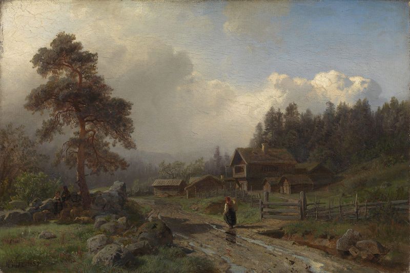 Norwegian Landscape in Rain by Hans Gude, oil on canvas depicting a stormy landscape with hills and dark clouds.
