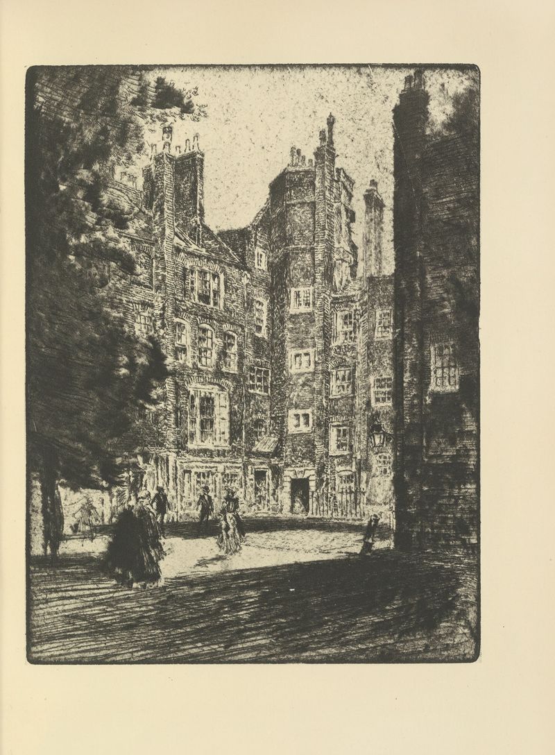 Old Court, Lincoln’s Inn de Joseph Pennell, tinta sobre papel representando arquitetura histórica com luz e sombra