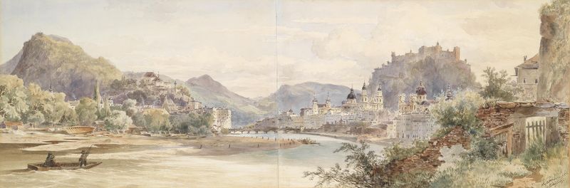 Salzburg landscape by Anton Altmann the younger, oil painting depicting mountains and a river.