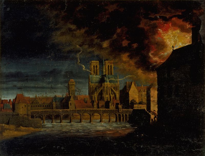 Paisaje que representa Notre-Dame y un puente durante un incendio, estilo barroco, artista desconocido
