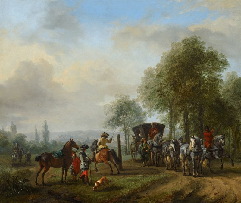 The Riding School de Philips Wouwerman, óleo sobre lienzo mostrando jinetes y caballos en un patio iluminado por el sol