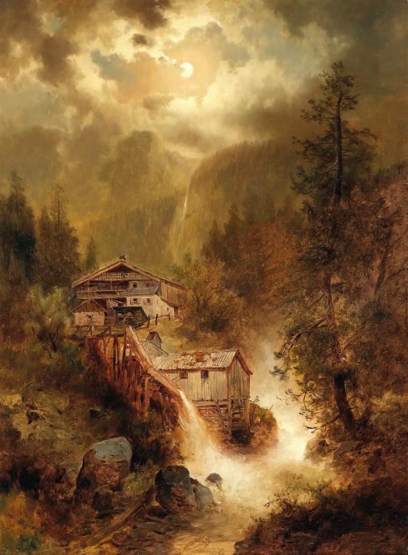 Approaching Storm in the High Mountains, oil on canvas by Josef Thoma, depicting a stormy sky over mountains.