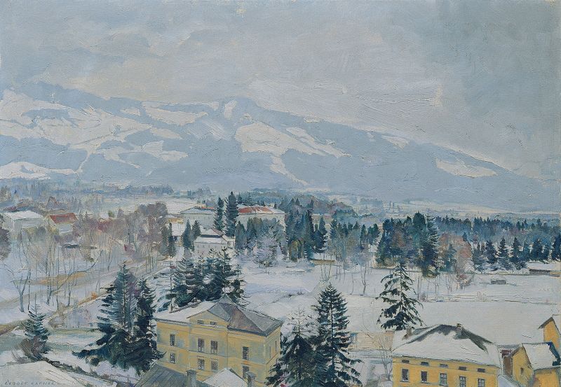 Pintura paisagística a óleo de Rudolf Hafner com Kapuzinerberg e pôr do sol sobre prados.