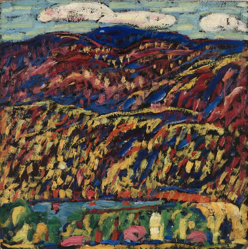 Kezar Lake, Autumn Morning by Marsden Hartley, oil on cardboard depicting autumn leaves and a tranquil lake.