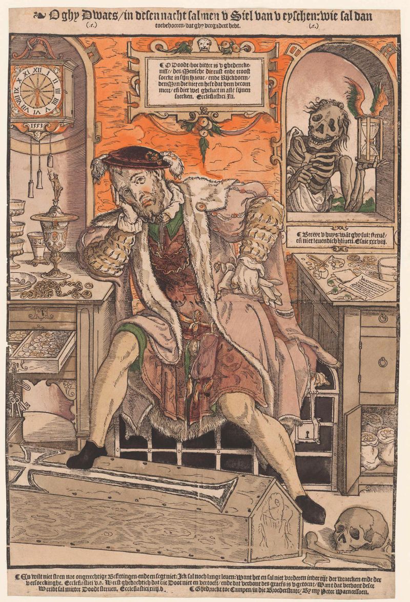 Allegorical scene depicting a wealthy man and Death, oil painting by Monogrammist AI
