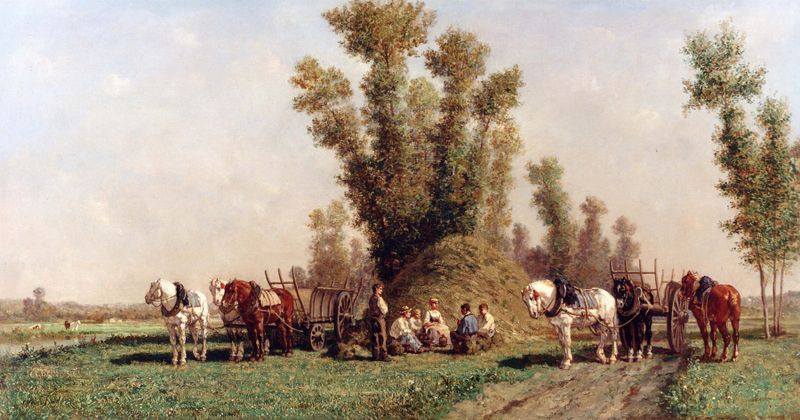 Genre scene of haymakers resting, oil painting by Jules-Jacques Veyrassat