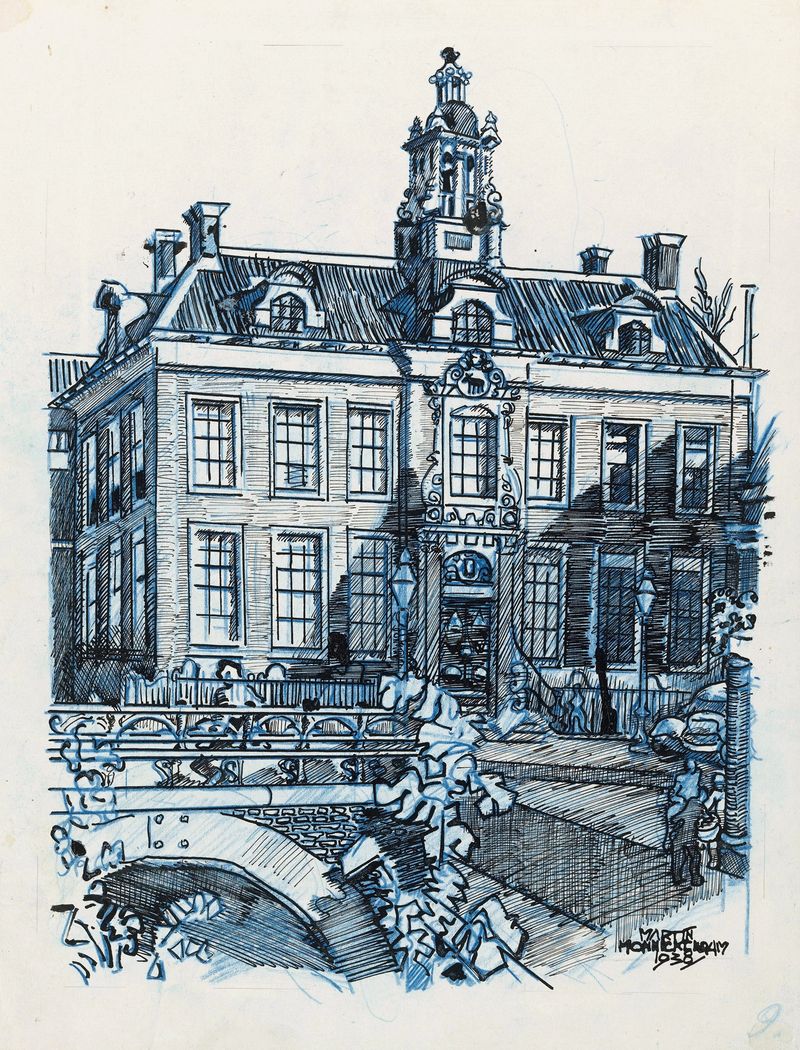 Impressionism oil painting of Stadhuis te Edam by Martin Monnickendam, featuring water reflections.