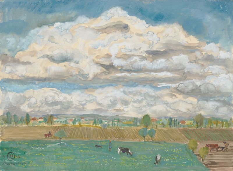 Felder und Wiesen bei Montauban de Hermann Lismann, óleo sobre lienzo que representa colinas y cielo serenos.