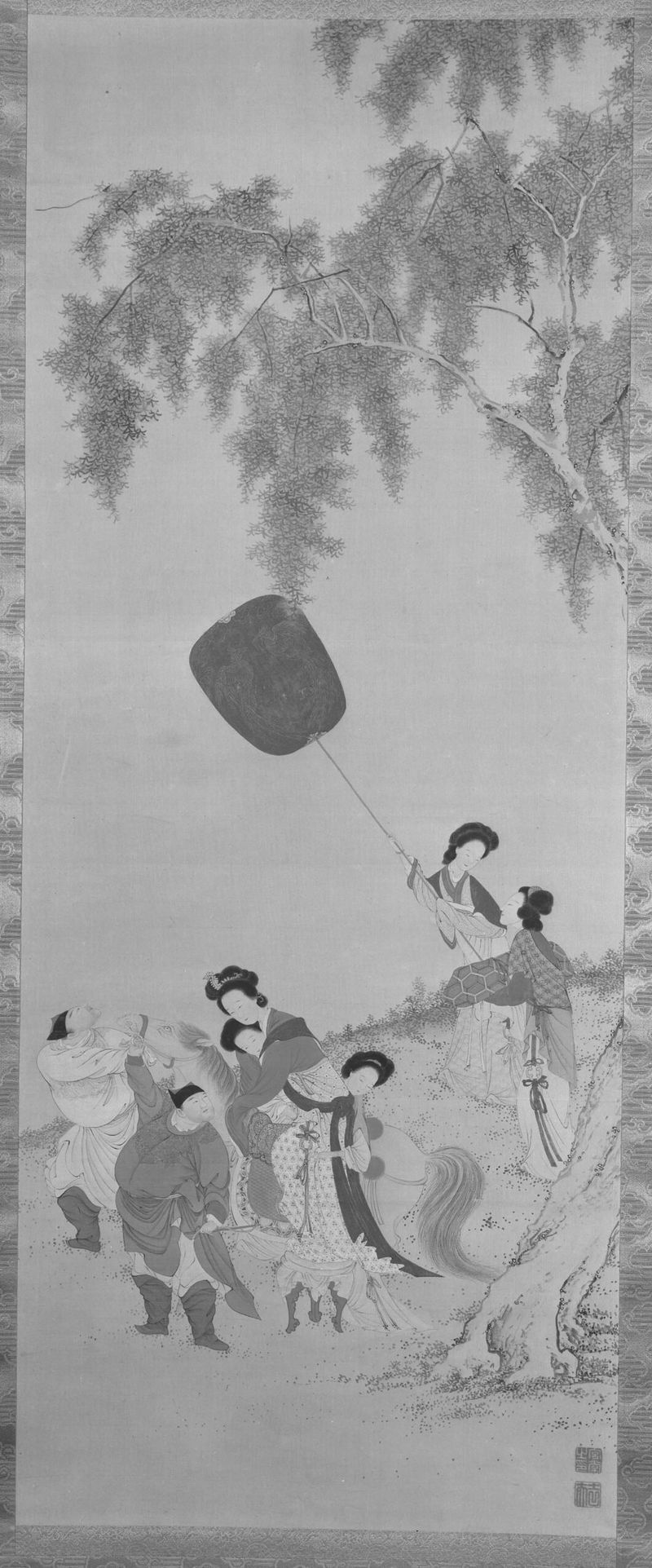 Yang Guifei Mounting a Horse de Yamada Kyūjō, medio oro, que representa a una mujer sobre un caballo.