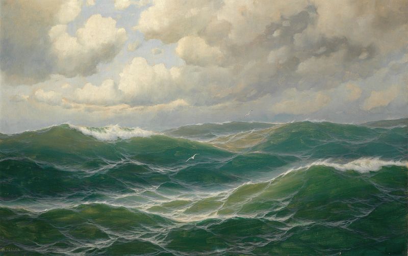Marine scene with seagulls and waves by Max Jensen, oil painting