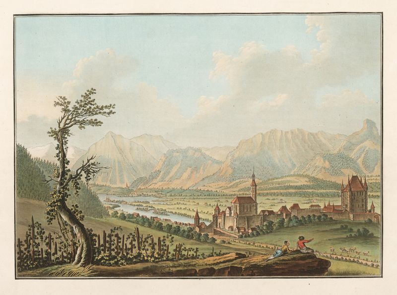 Ville de Thun du Côté de l’Occident de Caspar Wolf, pintura a óleo com montanhas e um rio.