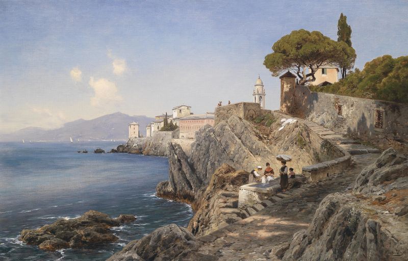 Pintura a óleo de Ascan Lutteroth retratando uma tranquila margem do rio
