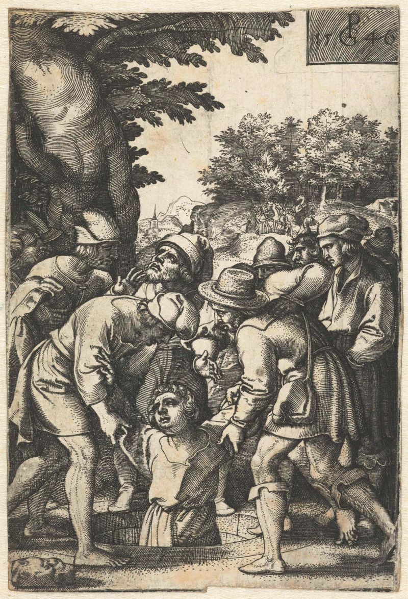 Grabado de Georg Pencz que representa a Jozef siendo arrojado a un pozo por sus hermanos.