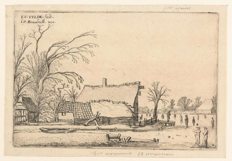 Etching by Esaias van de Velde depicting a farmhouse by a frozen river with skaters.