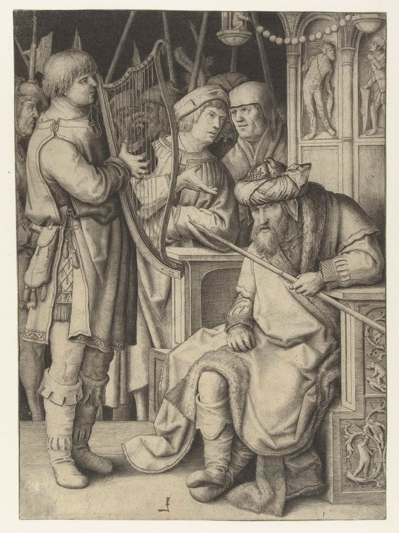 Gravura de Lucas van Leyden mostrando David tocando harpa para Saul com luz filtrando através das vestes