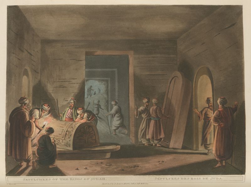 Grabado de Luigi Mayer que representa sepulcros de los reyes de Judá con intrincadas tallas.
