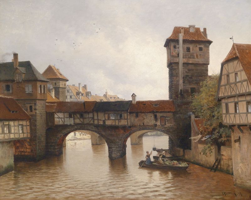 Henkersteg en Nürnberg, óleo sobre lienzo de Heinrich Deiters, que muestra un río sereno y arquitectura histórica.