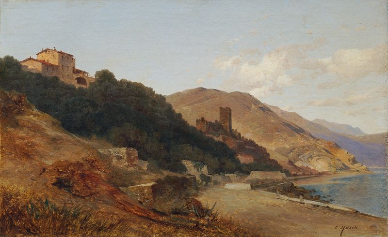 Italienische Abendlandschaft by Carl Hasch, oil on canvas depicting twilight over hills near Bordighera.