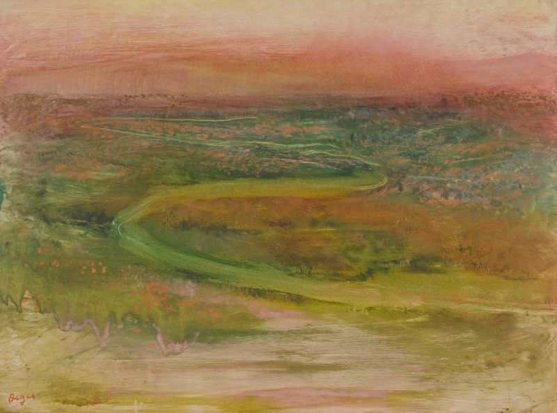 Winding River de Edgar Degas, óleo sobre lienzo que representa una escena serena de un río con luz filtrada.