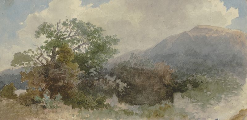 Landscape with mountain ridge by Jakob Maurer, oil painting depicting a vast wilderness.