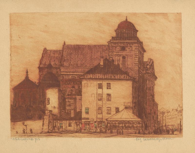 O Canto da Praça do Castelo, óleo sobre tela de Feliks Jabłczyński, retratando uma praça animada com ruínas.