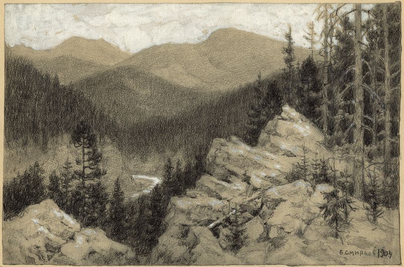 Ural Mountains taiga landscape by Boris Vasilievich Smirnov, oil on canvas