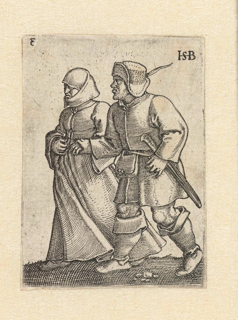 Dansend boerenpaar grabado de Hans Sebald Beham que representa un baile alegre de campesinos