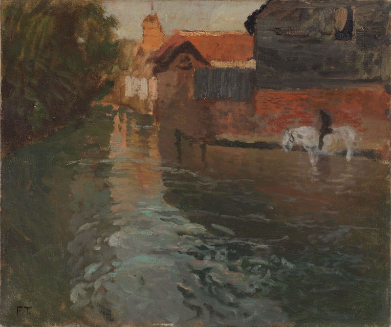 Paisaje impresionista de un río en el norte de Francia por Frits Thaulow, óleo