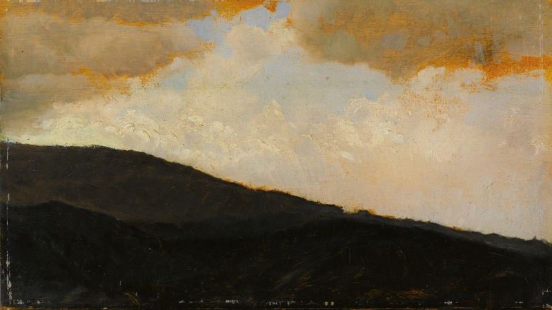Veduta Del Vesuvio by Giuseppe De Nittis, oil on canvas depicting Vesuvius under a golden sky.