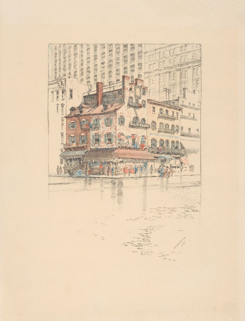 Velhas casas no Battery Park, gravura de Charles Frederick William Mielatz mostrando luz sobre tijolos históricos