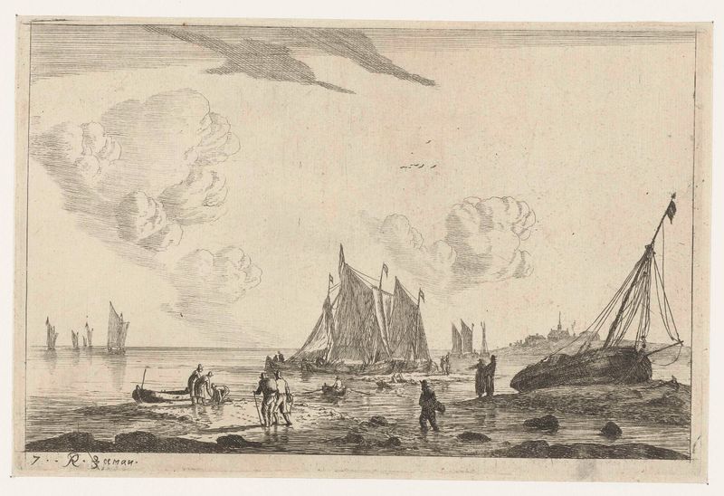 Grabado de Reinier Nooms que representa un barco al atardecer en la costa
