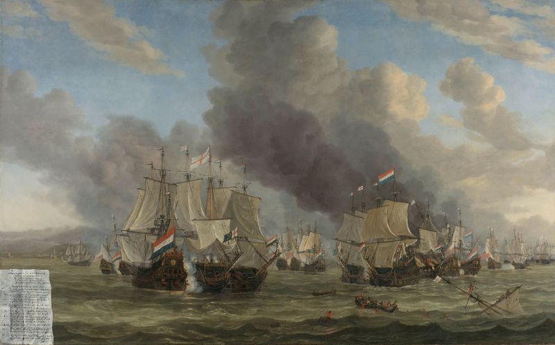 Cena marinha com galeões em batalha em um mar tempestuoso, óleo de Reinier Nooms